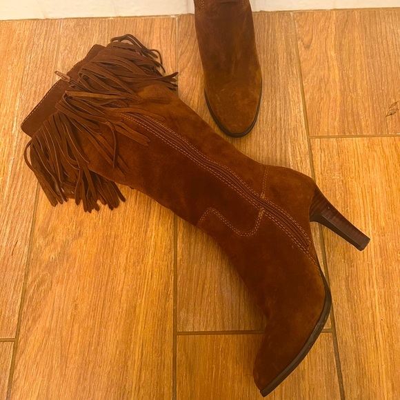 Suede Tan Brown Heel Fringe Boots Boho Western Kitten Heel tall leather - Picture 5 of 12